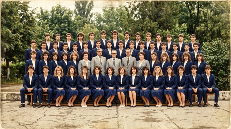 Fotografie de clasă cu uniforme bleumarin (imagine generată cu AI)