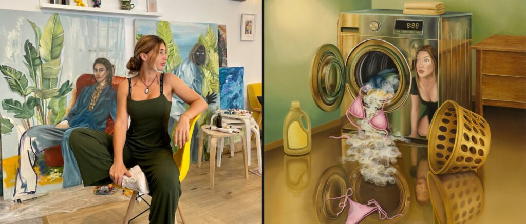Colaj: Arina Bican în atelier și lucrarea ei Spin. Rinse. Repeat (2025)