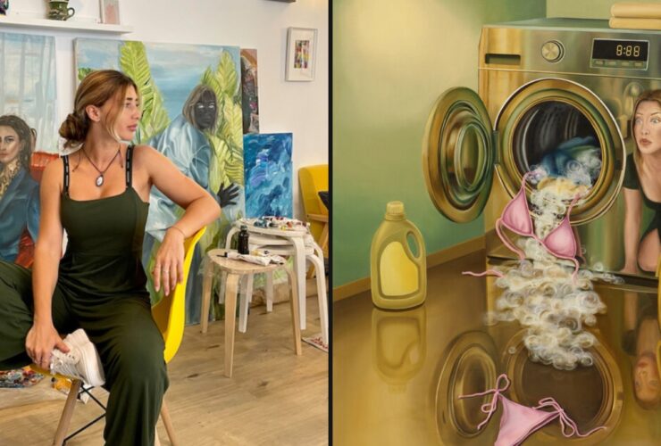 Colaj: Arina Bican în atelier și lucrarea ei Spin. Rinse. Repeat (2025)