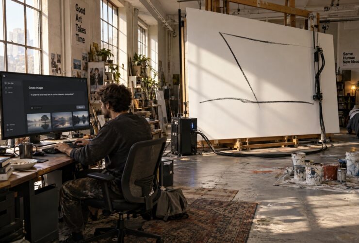 Un artist generează imagini pe calculator, în fața unei pânze aproape goale