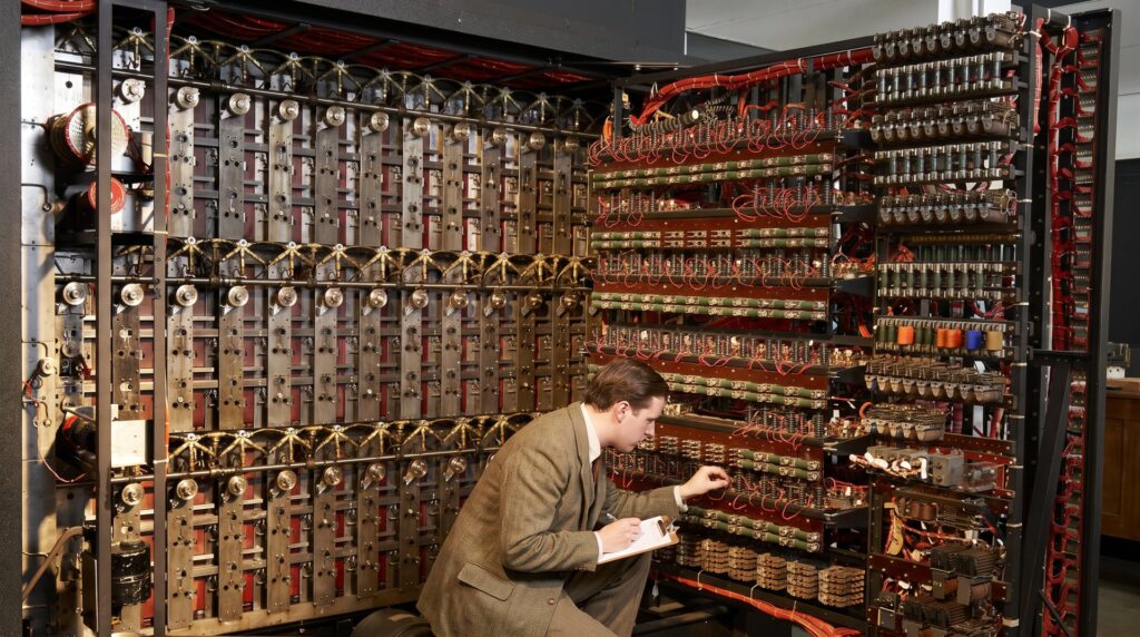 Mașina Bombe concepută de Alan Turing, imagine generată cu AI
